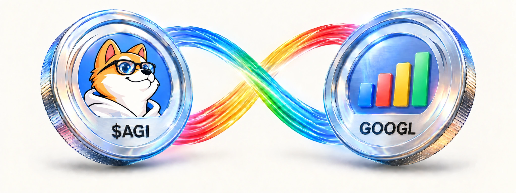 Silver AGI and GOOGL coins connected by multicolored ribbons